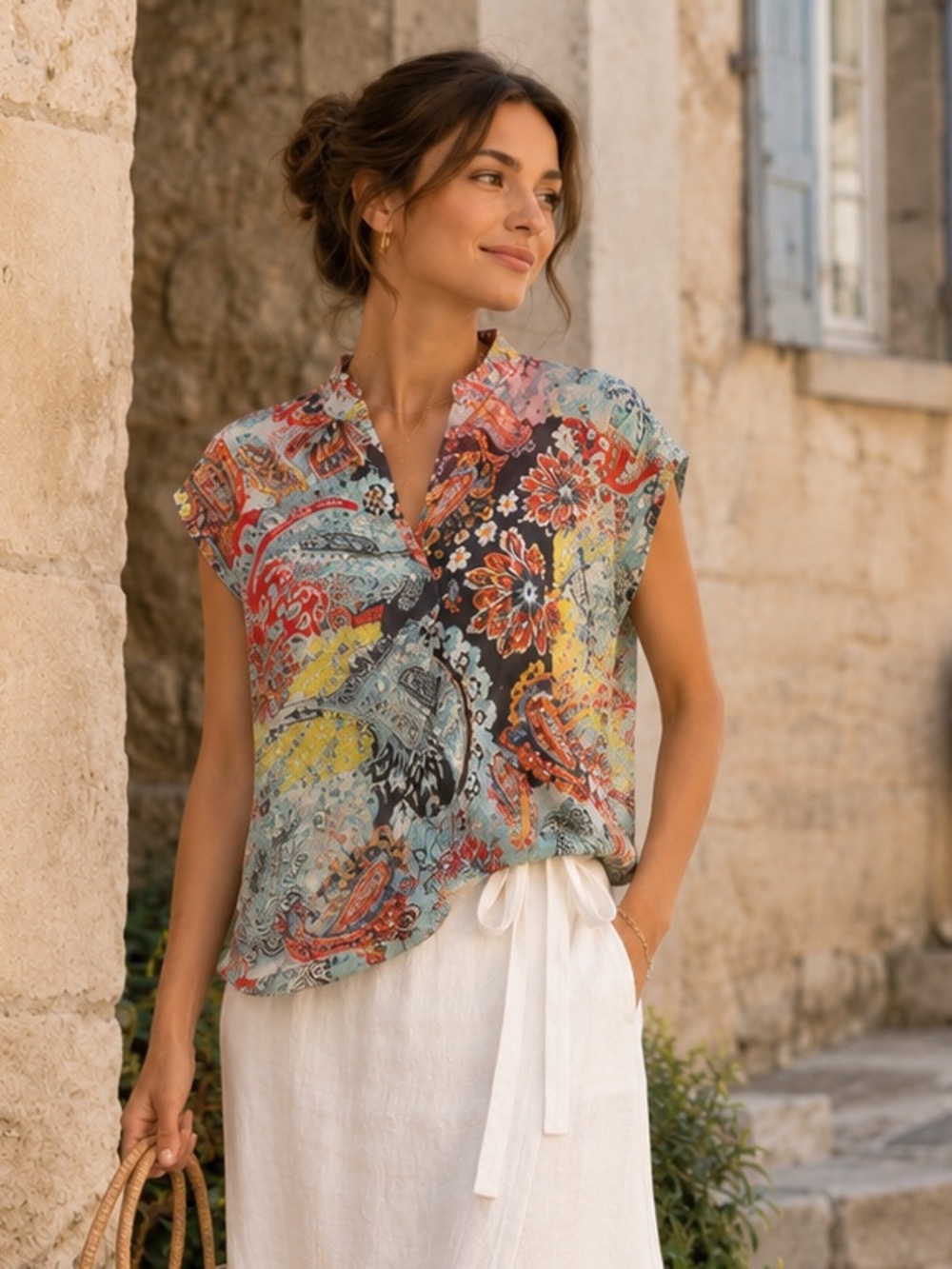 Women’s Paisley Print Short Sleeve Blouse - Multi